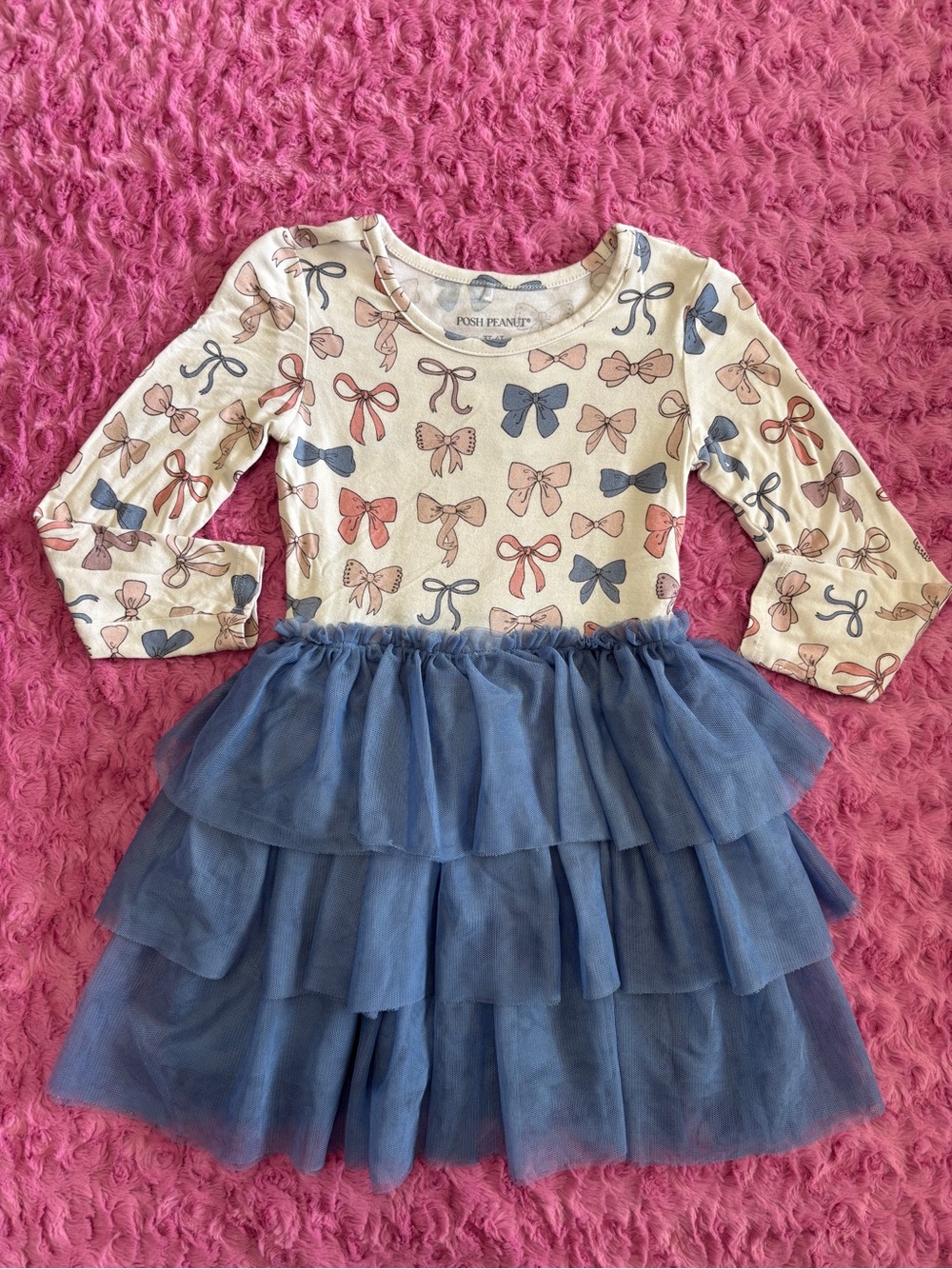 Posh Peanut Ariana Cream Bow Print Dress with Blue Tiered Tulle Skirt 3/4
